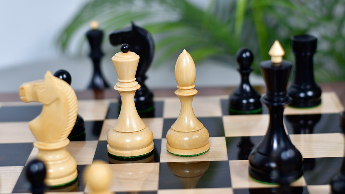 Combo Of Circa 1930s "Leningrad Schoolboy" 4.2 inch King Soviet Chess Pieces in Ebonized & Boxwood - 1530 grams With Solid Wooden Indian Chess Board in Genuine Ebony Wood & Maple Wood with Sheesham Wood Border