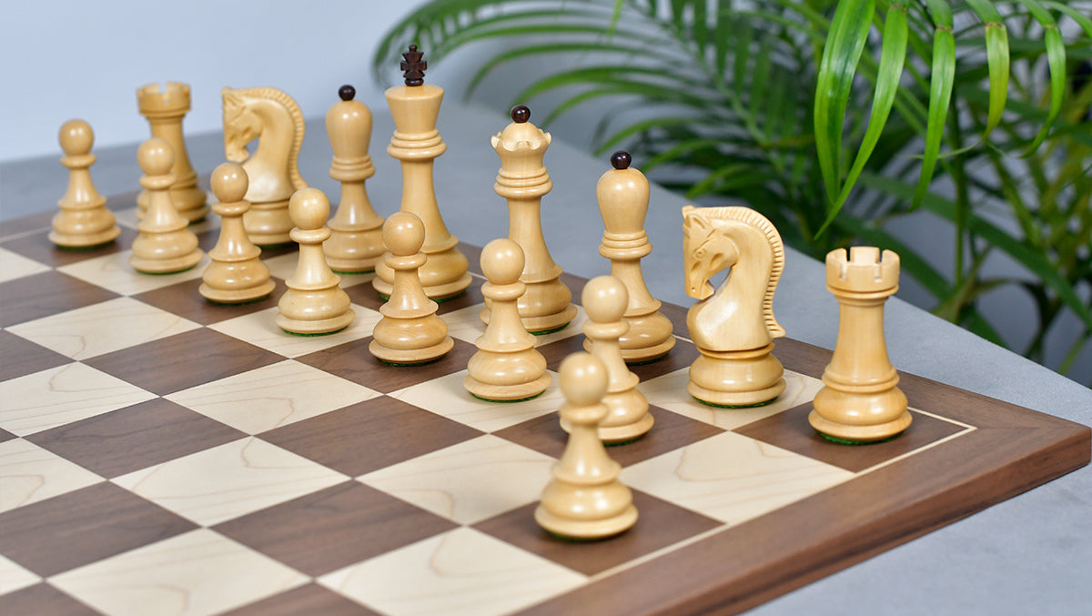 Combo Of 1959 World Chess Championship Russian Zagreb Weighted Chess Pieces in Sheesham / Natural Boxwood 4.14" - King With Wooden Walnut / Maple Chess Board