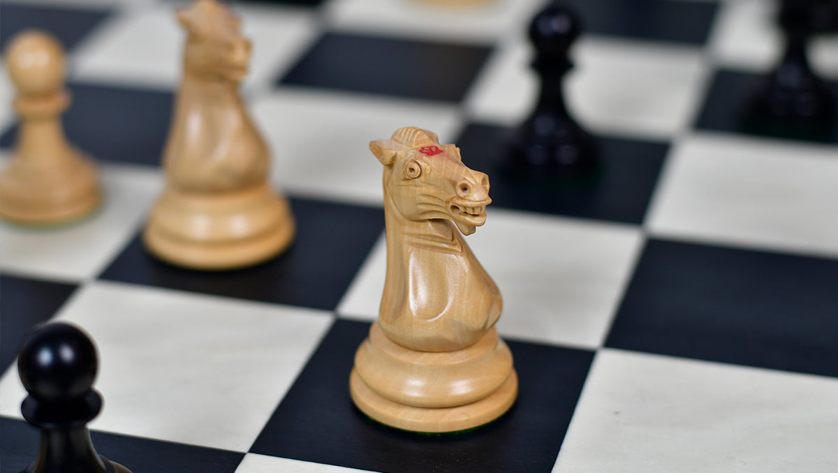 1880s-90s Circa Lasker Staunton Pattern Antique Chess Pieces in Ebony / Boxwood with King Side Stamping - 3.75" King