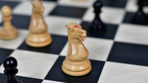 1880s-90s Circa Lasker Staunton Pattern Antique Chess Pieces in Ebony / Boxwood with King Side Stamping - 3.75" King