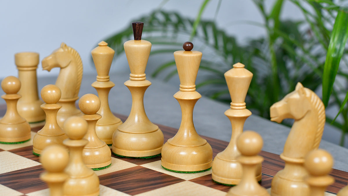The Soviet Era 1950s' Botvinnik Tournament Weighted Chess Pieces in Sheesham & Boxwood 4.4 inch King - With Santos Palisander pr & Sycamore Chess Board