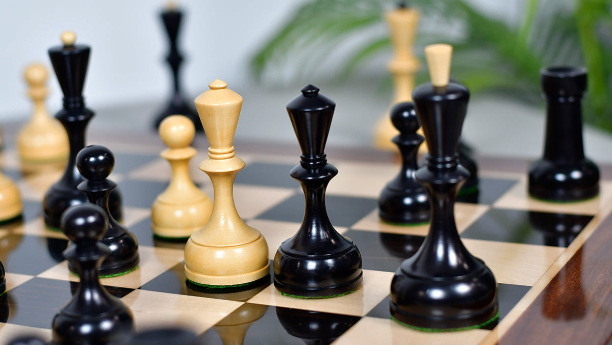 Combo Of 1950s' Botvinnik Tournament Soviet Era Chess Pieces in 4.4 inch King Ebonized Boxwood - 1480 Grams Weight With Solid Wooden Indian Chess Board in Genuine Ebony Wood & Maple Wood with Sheesham Wood Border