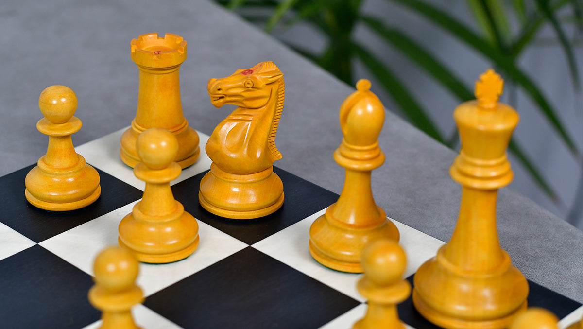 1900s' Marshall Staunton Pattern Chess Pieces in Ebony / Antiqued Boxwood with King Side Stamping - 3.75" King