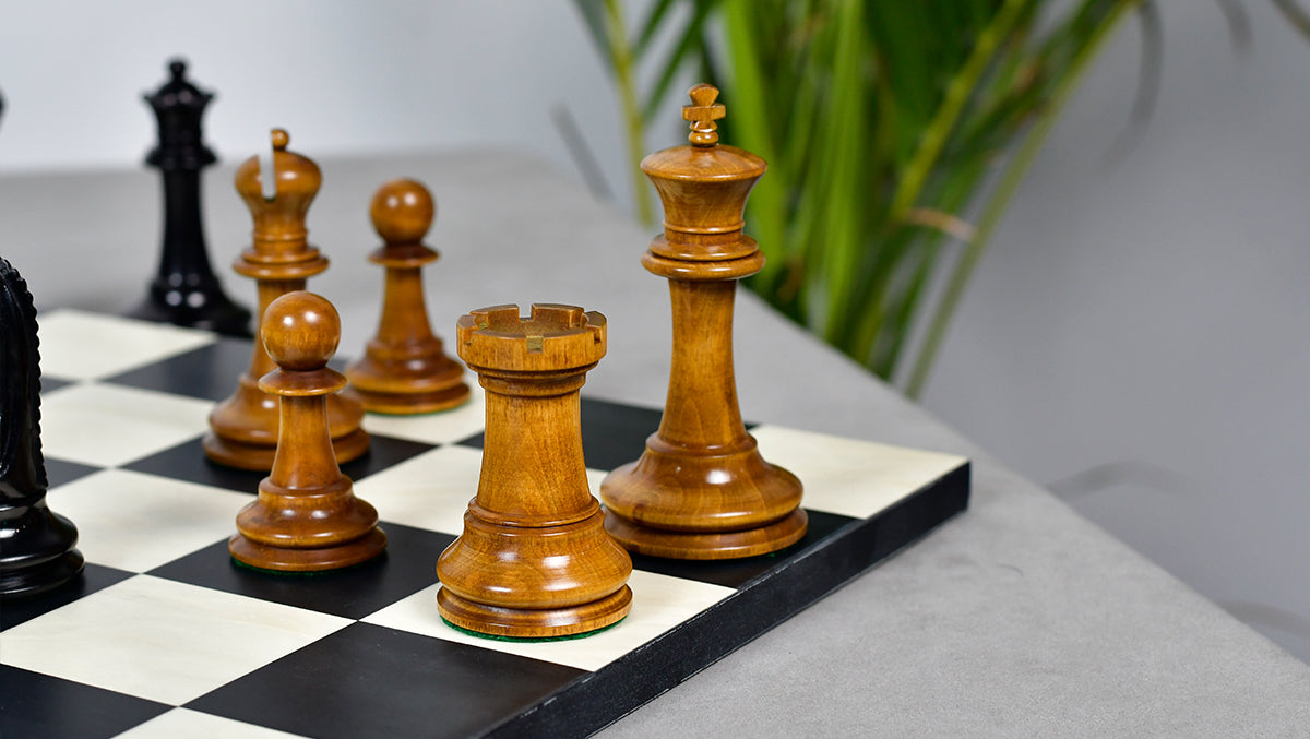 Circa 1887 Turner Teich Soviet-Staunton Style Weighted 4" Chess Pieces in Ebony & Antiqued Boxwood - 1700 Grams Weight
