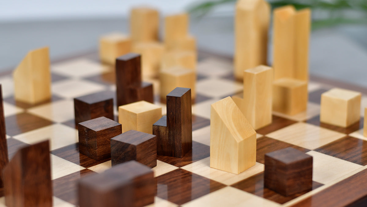 1966 F. Lanier Graham Chess Pieces - Minimalist Design in Sheesham & Boxwood - 2.79" King