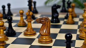 Combo Of Circa 1887 Turner Teich Soviet-Staunton Style Weighted 4" Chess Pieces in Ebony & Antiqued Boxwood With Wooden Deluxe Black Dyed Poplar & Sycamore with Matte Finish Chess Board