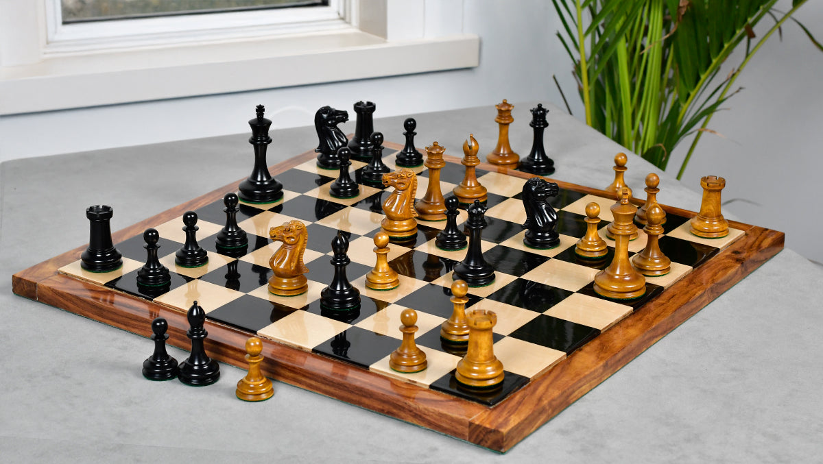 The 1849 Cooke Type 2 Jaques Staunton Weighted 3.5 inch King Chess Pieces in Ebony wood and Vintage Antique Boxwood - 1100 Grams Weight
