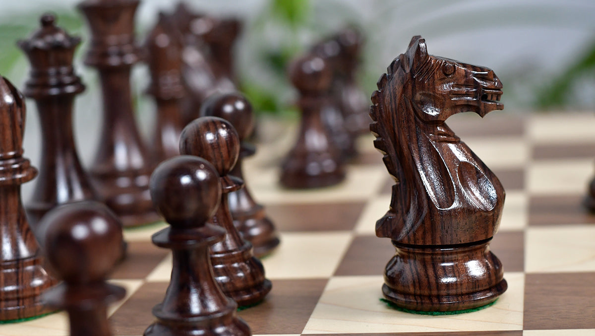 Fierce Knight (Queen's Gambit Series) Staunton Chess Pieces in Rosewood & Boxwood - 4.1" King