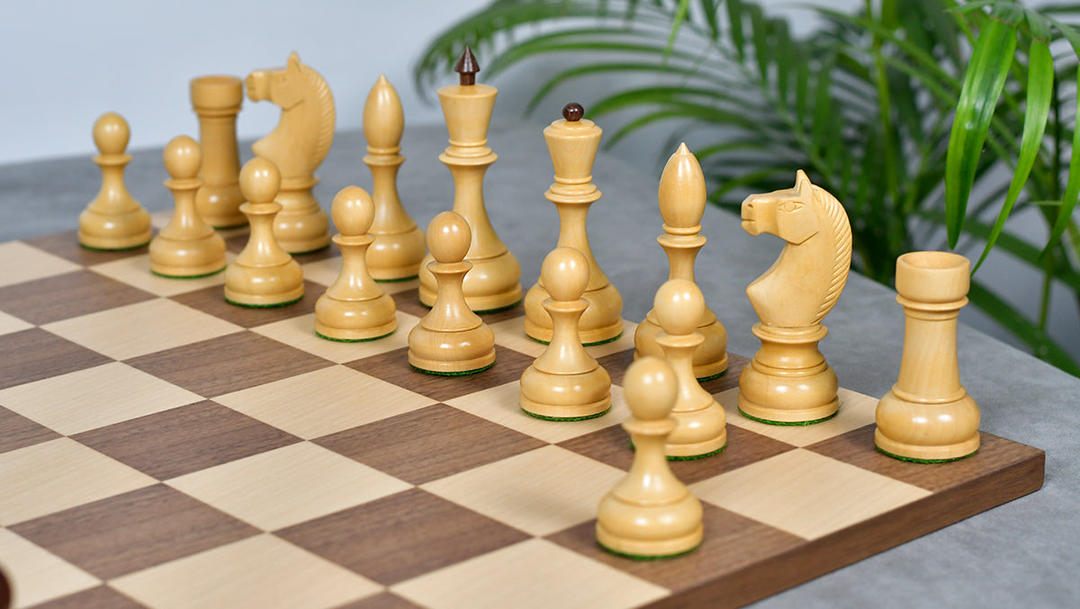 Combo Of Circa 1930s "Leningrad Schoolboy" Soviet Chess Pieces 4.2 inch King in Sheesham & Boxwood - 1530 Grams With Minimalist Walnut Maple Wooden Chess Board Matte Finish