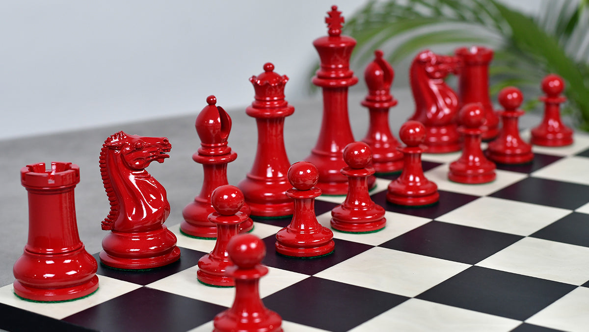 1849 Original Staunton Pattern Painted Chess Pieces (Lacquer Finished) Red Painted Crimson & Ivory White - 4.5" King