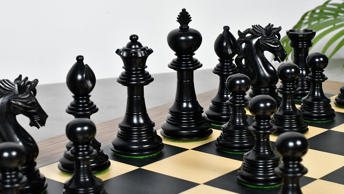 Combo Of American Adios Series Luxury Chess Pieces in Distressed Boxwood & Ebony Wood - 4.4" King With Wooden Black Dyed Poplar Sycamore Chess Board
