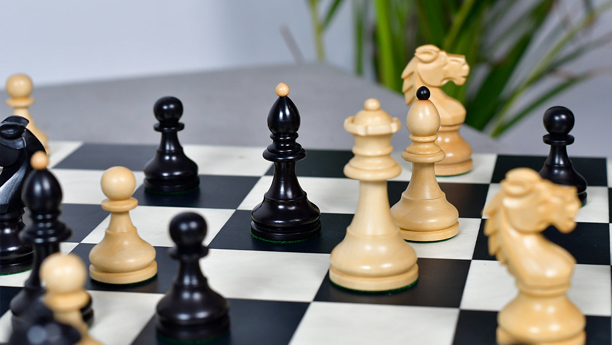 Reproduced Vintage 1950's Circa Bohemia Staunton Series German Chess Pieces in Ebonized Boxwood & Natural Boxwood - 3.89" King