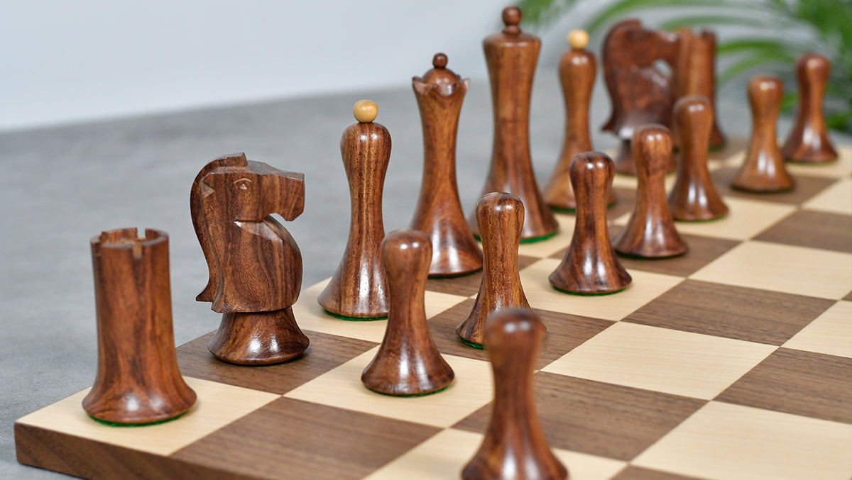 Combo Of Minimalist Soviet-Style Chess Pieces In Sheesham & Boxwood - 3.7” King With Minimalist Walnut Maple Wooden Chess Board Matte Finish