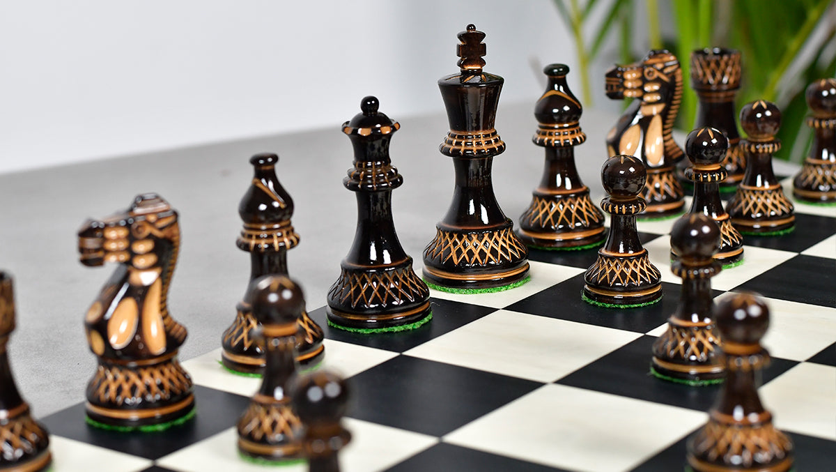 Burnt Blazed Series Handcarved (Lacquerd) Chess Pieces in Burnt Boxwood - 3.8" King