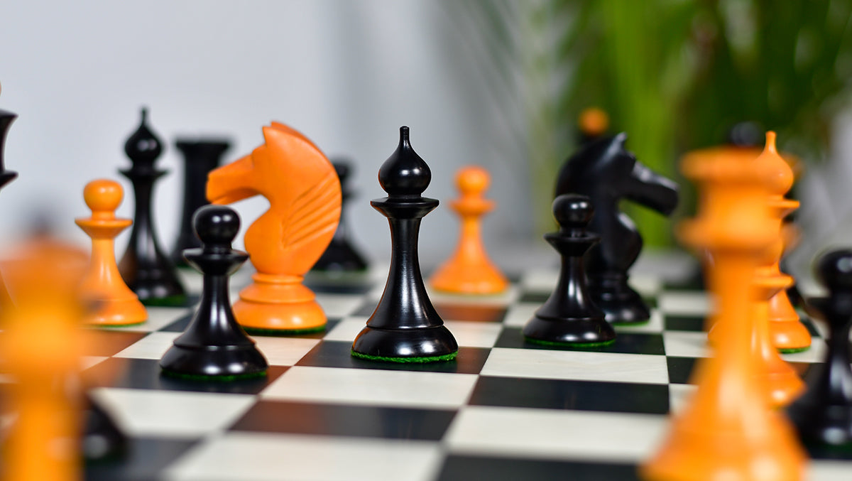 1950s' Soviet (Russian) Latvian Chess Pieces in Ebonized Boxwood / Antiqued Boxwood - 4.1" King Weight 1050 - grams