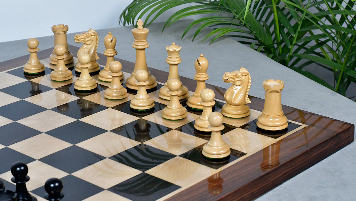 Combo Of Vintage 1915-1925 Nimzovich Staunton Chess Pieces in Ebony & Boxwood – 3.75" King With Solid Wooden Indian Chess Board in Genuine Ebony Wood & Maple Wood with Sheesham Wood Border
