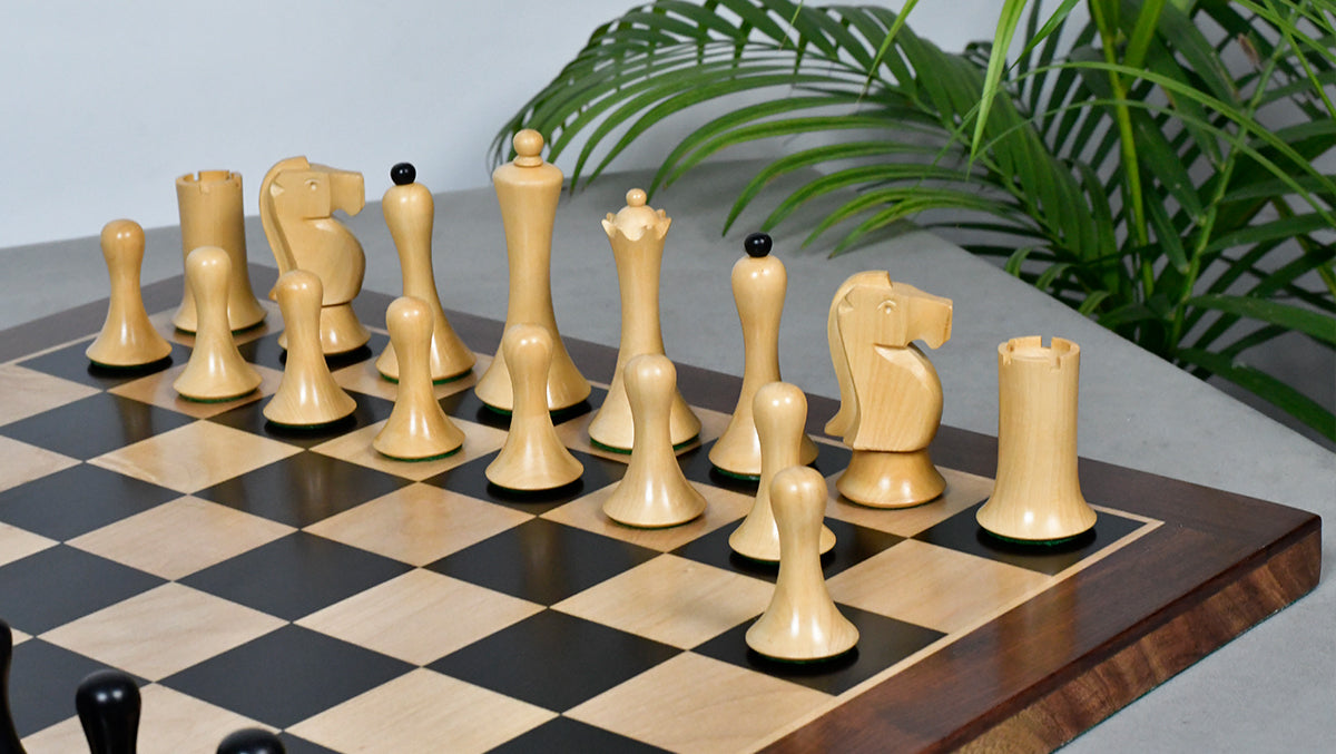 Combo Of Minimalist Soviet-Style Chess Pieces In Ebonized & Boxwood - 3.7” King With Wooden Ebony Wood / Maple Wood Chess Board