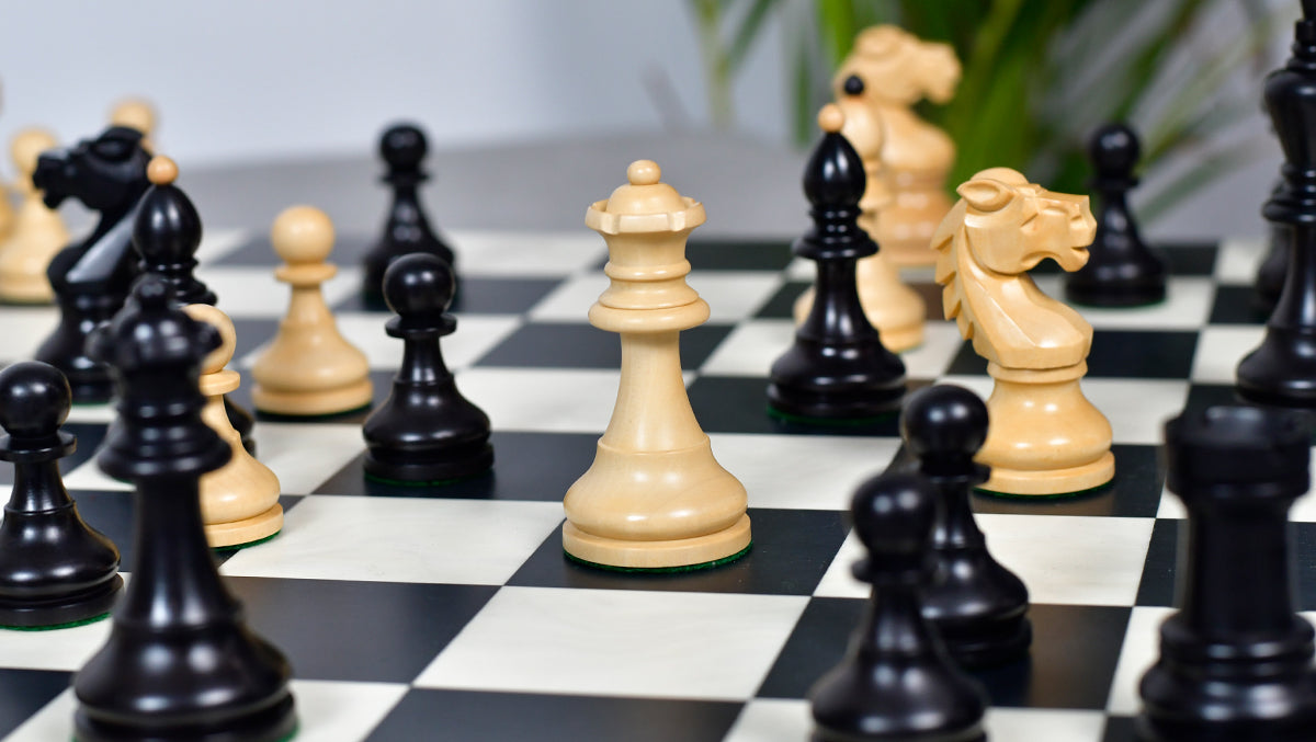 Reproduced Vintage 1950's Circa Bohemia Staunton Series German Chess Pieces in Ebonized Boxwood & Natural Boxwood - 3.89" King