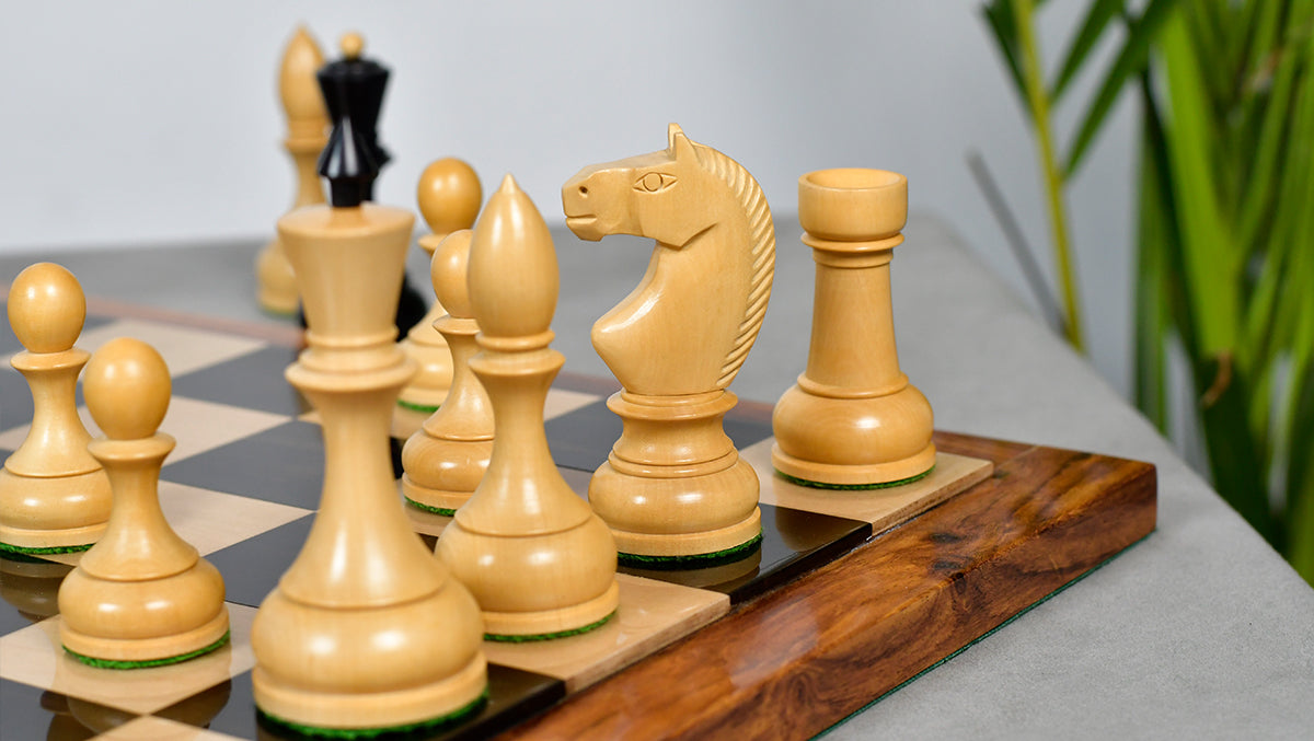 Circa 1930s "Leningrad Schoolboy" 4.2 inch King Soviet Chess Pieces in Ebonized & Boxwood - 1530 grams