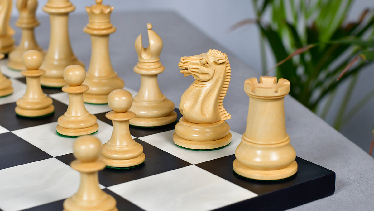 1849 Original Staunton Pattern Wooden Heavy Chess Pieces in Ebony / Boxwood with King Side Stamping - 3.75" King