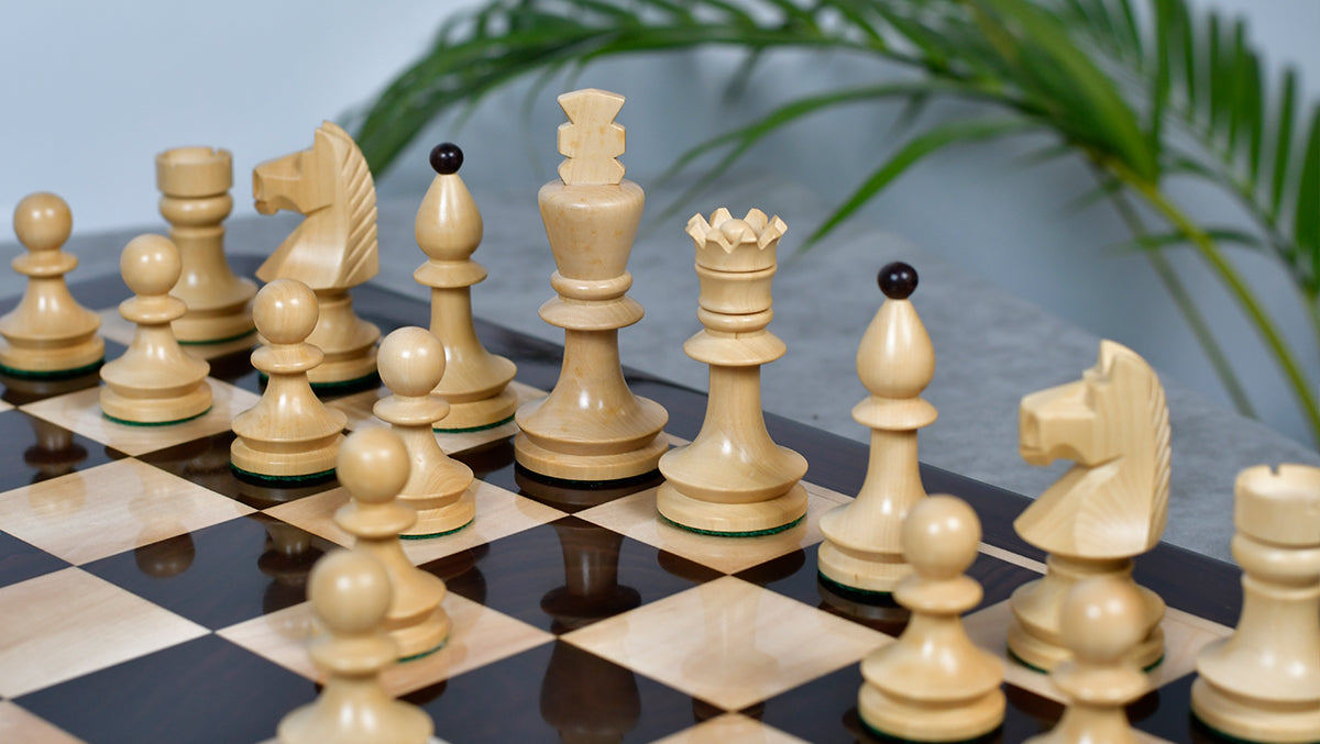Romanian-Hungarian National Tournament Weighted Chess Pieces in Indian Rosewood & Natural Boxwood - 3.8" King