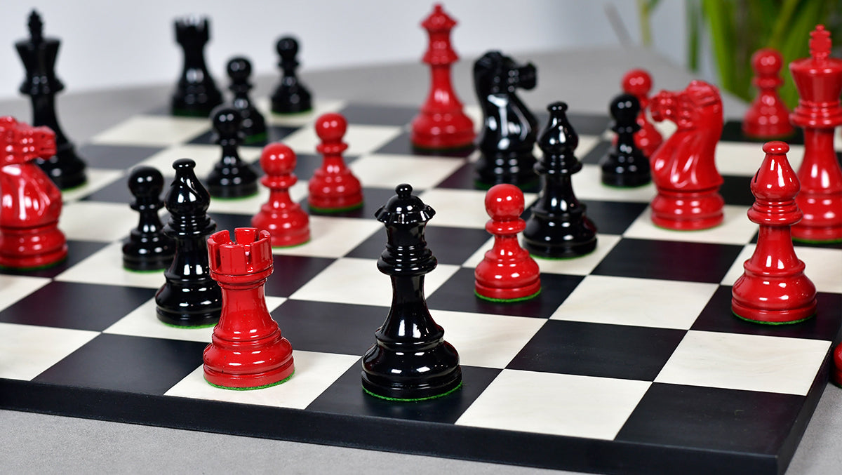 Smokey Staunton Series Painted Chess Set - Chess Pieces Only - Black and Red Painted Boxwood - 3.8" King