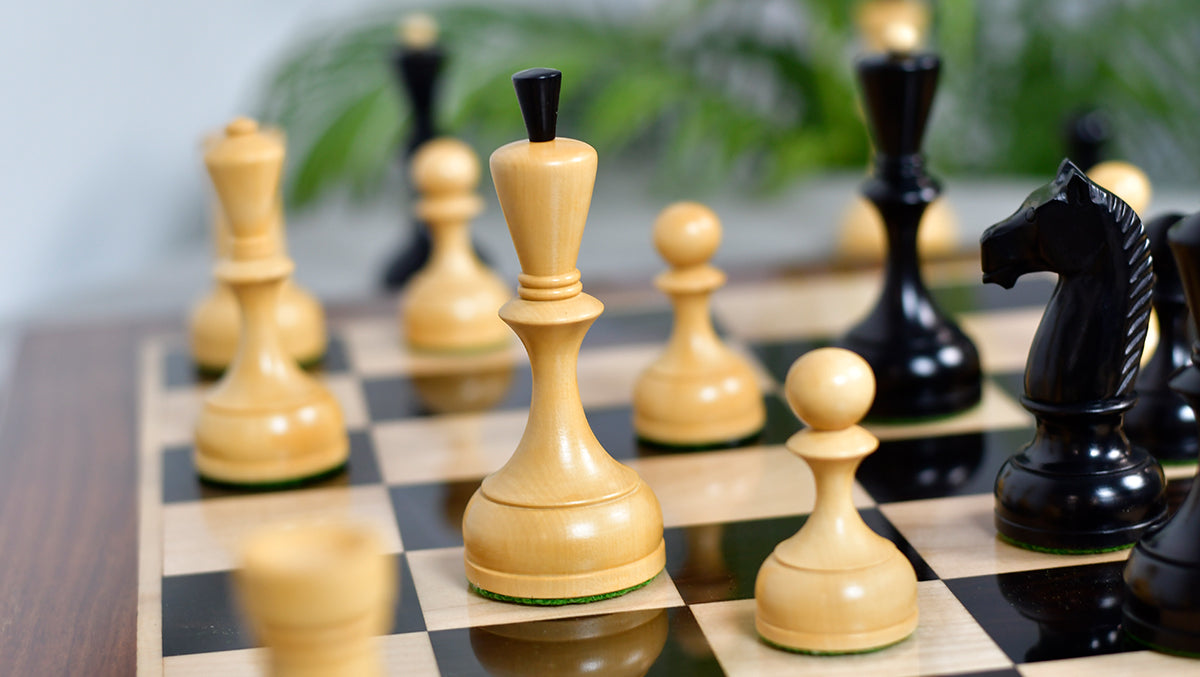 Combo Of 1950s' Botvinnik Tournament Soviet Era Chess Pieces in 4.4 inch King Ebonized Boxwood - 1480 Grams Weight With Solid Wooden Indian Chess Board in Genuine Ebony Wood & Maple Wood with Sheesham Wood Border
