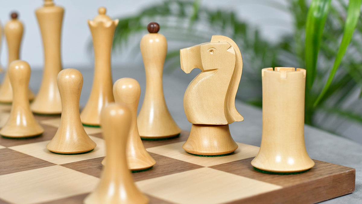 Combo Of Minimalist Soviet-Style Chess Pieces In Sheesham & Boxwood - 3.7” King With Minimalist Walnut Maple Wooden Chess Board Matte Finish