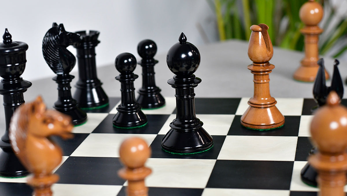 Exclusive Repro Old Antique Edinburgh Upright Chess Pieces in Distressed Boxwood and Ebonized Wood - 4.4" King with Extra Queens
