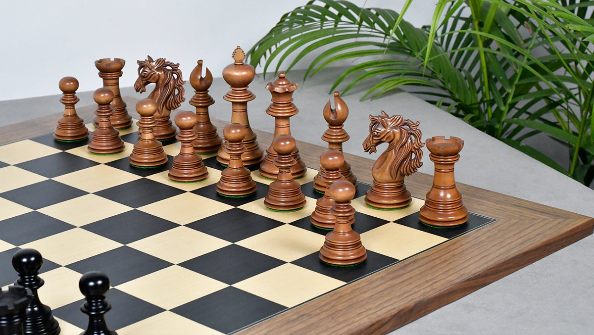 Combo Of American Adios Series Luxury Chess Pieces in Distressed Boxwood & Ebony Wood - 4.4" King With Wooden Black Dyed Poplar Sycamore Chess Board