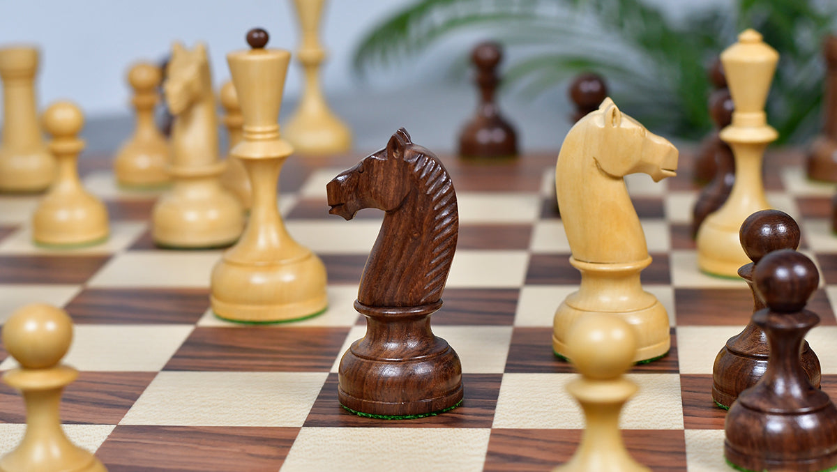 The Soviet Era 1950s' Botvinnik Tournament Weighted Chess Pieces in Sheesham & Boxwood 4.4 inch King - With Santos Palisander pr & Sycamore Chess Board