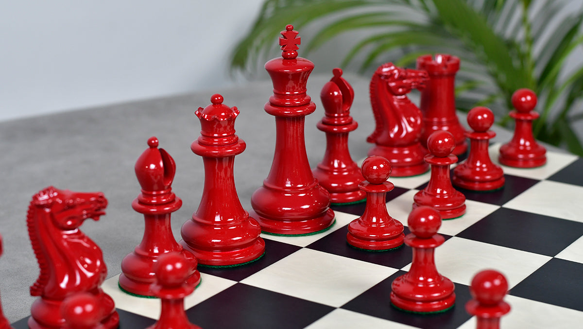 1849 Original Staunton Pattern Painted Chess Pieces (Lacquer Finished) Red Painted Crimson & Ivory White - 4.5" King