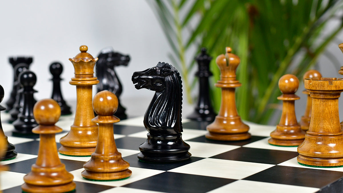 Circa 1887 Turner Teich Soviet-Staunton Style Weighted 4" Chess Pieces in Ebony & Antiqued Boxwood - 1700 Grams Weight