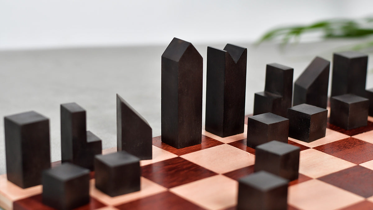 1966 F. Lanier Graham Chess Pieces - Minimalist Design in Ebonized Boxwood & Natural Boxwood - 2.79" King