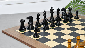 Combo Of Circa 1887 Turner Teich Soviet-Staunton Style Weighted 4" Chess Pieces in Ebony & Antiqued Boxwood With Wooden Deluxe Black Dyed Poplar & Sycamore with Matte Finish Chess Board