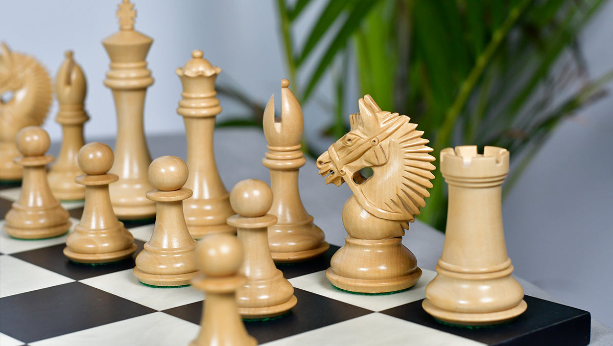 The American Bridle Triple-Weighted Chess Pieces with Extra Queen - Handcrafted in Ebony & Boxwood 4.2" King