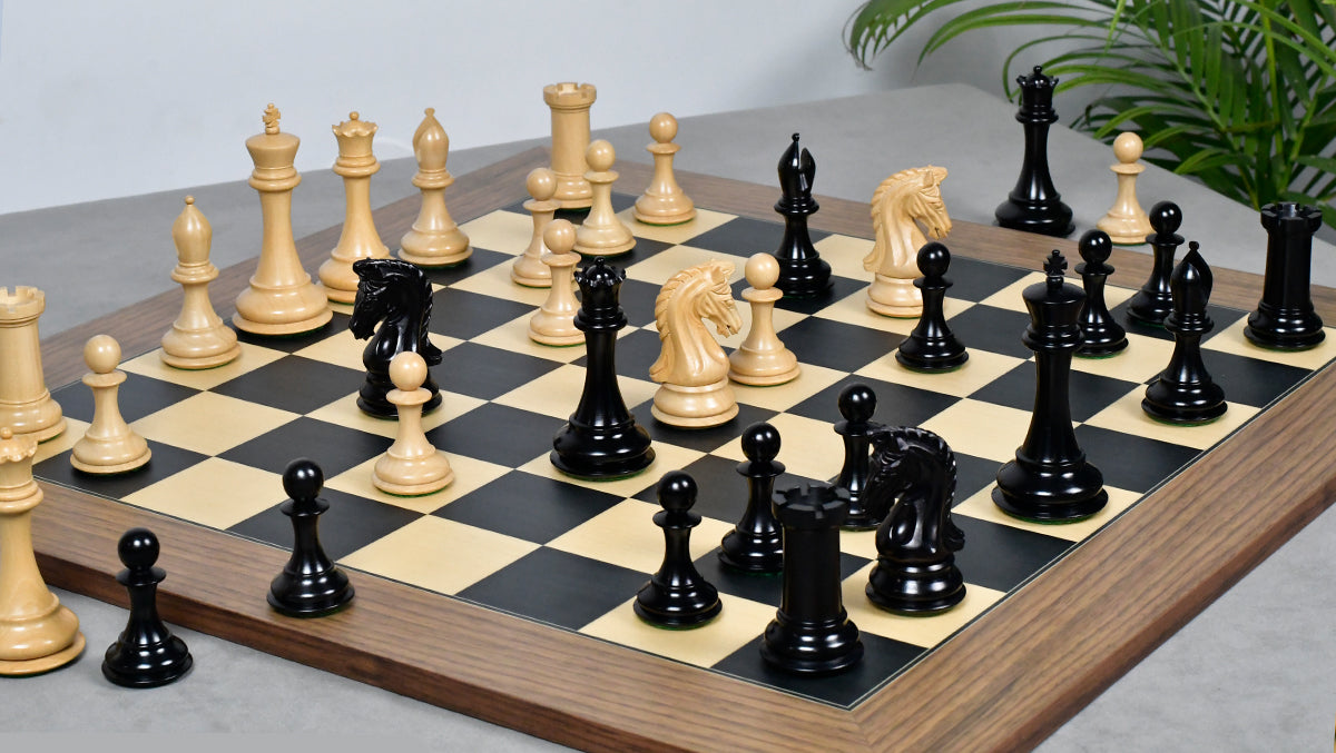 Combo Of 4.4 Inch Luxury Imperial Collector Series Artisan Chess Pieces Triple Weighted in Ebony and Boxwood With Wooden Black Dyed Poplar Sycamore Chess Board