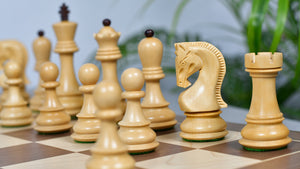 Combo Of 1959 World Chess Championship Russian Zagreb Weighted Chess Pieces in Sheesham / Natural Boxwood 4.14" - King With Wooden Walnut / Maple Chess Board
