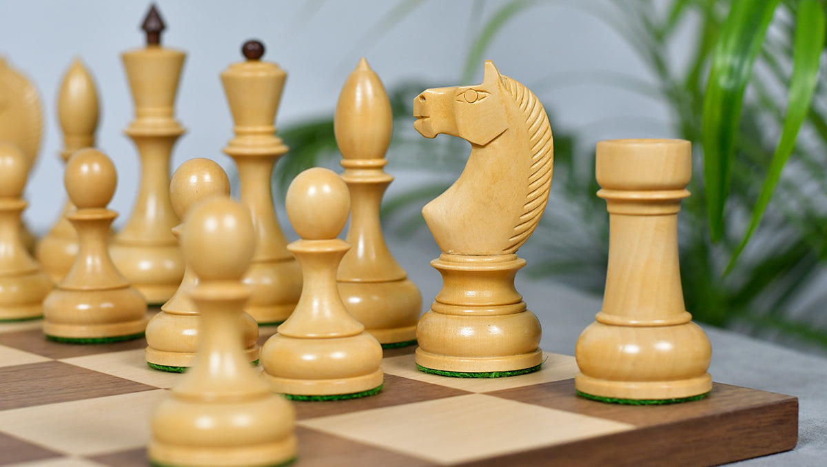 Combo Of Circa 1930s "Leningrad Schoolboy" Soviet Chess Pieces 4.2 inch King in Sheesham & Boxwood - 1530 Grams With Minimalist Walnut Maple Wooden Chess Board Matte Finish