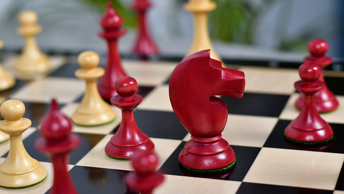 1950s' Soviet (Russian) Latvian Chess Pieces in Stained Crimson / Box Wood - 4.1" King - 1050 Grams