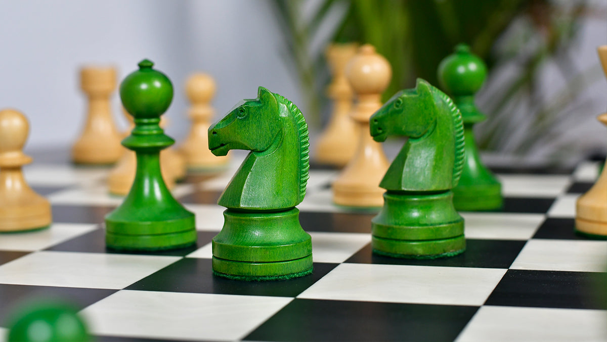 Russian (Soviet Era) Series Chess Pieces in Stained Green Ash Burl / Boxwood - 3.7" King