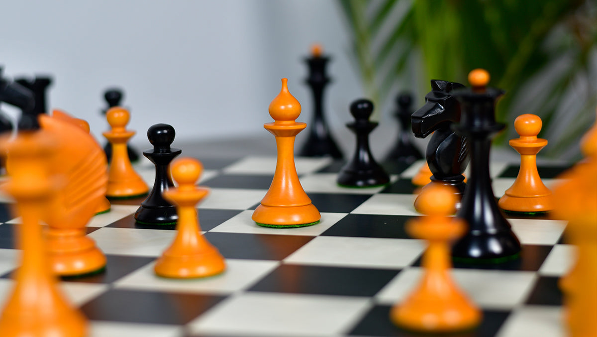 1950s' Soviet (Russian) Latvian Chess Pieces in Ebonized Boxwood / Antiqued Boxwood - 4.1" King Weight 1050 - grams