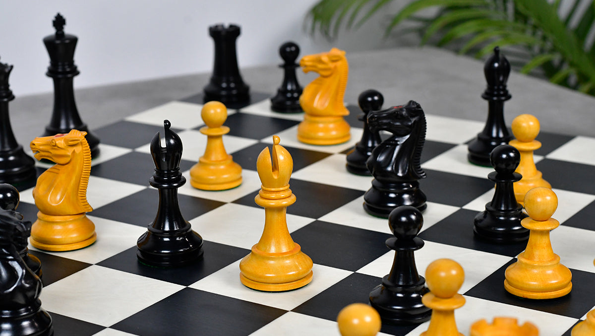 1900s' Marshall Staunton Pattern Chess Pieces in Ebony / Antiqued Boxwood with King Side Stamping - 3.75" King