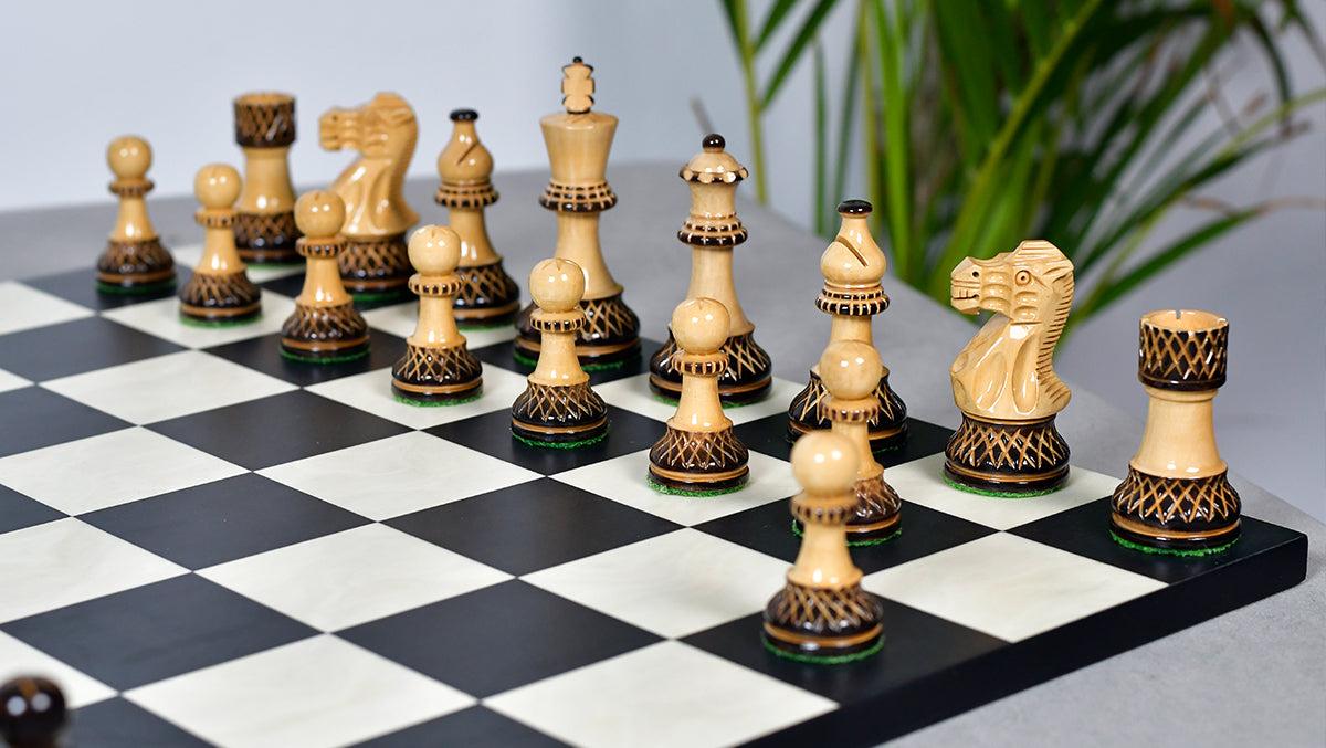 Burnt Blazed Series Handcarved (Lacquerd) Chess Pieces in Burnt Boxwood - 3.8" King