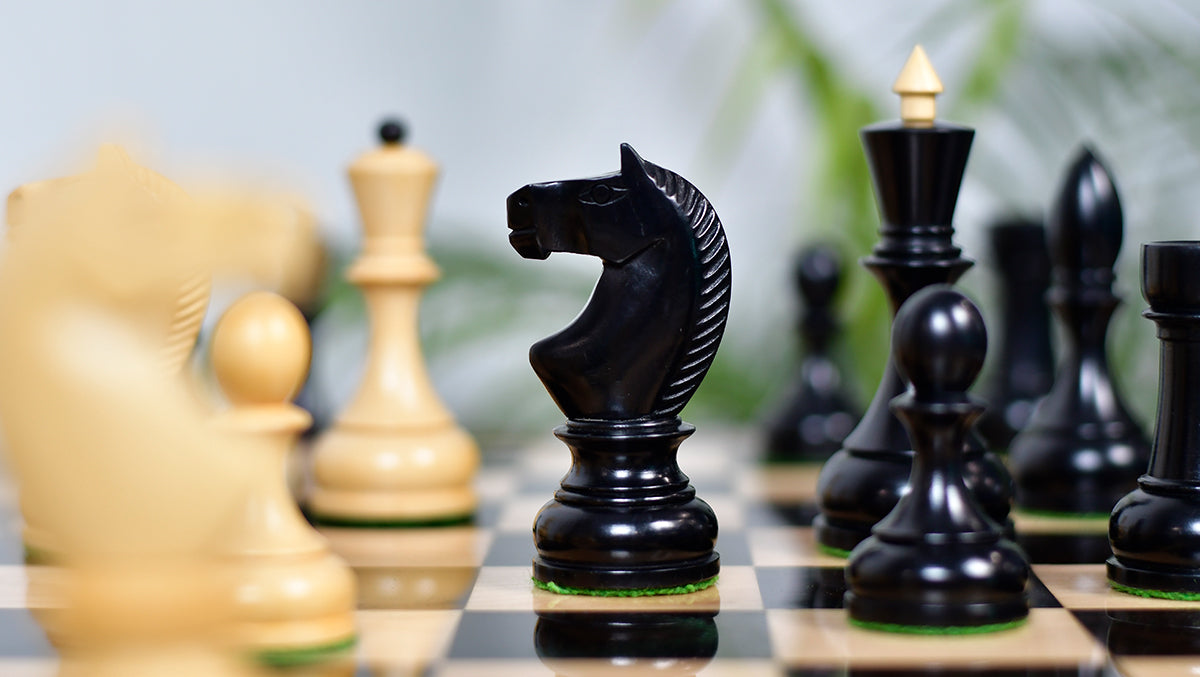 Combo Of Circa 1930s "Leningrad Schoolboy" 4.2 inch King Soviet Chess Pieces in Ebonized & Boxwood - 1530 grams With Solid Wooden Indian Chess Board in Genuine Ebony Wood & Maple Wood with Sheesham Wood Border