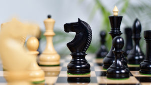 Combo Of Circa 1930s "Leningrad Schoolboy" 4.2 inch King Soviet Chess Pieces in Ebonized & Boxwood - 1530 grams With Solid Wooden Indian Chess Board in Genuine Ebony Wood & Maple Wood with Sheesham Wood Border