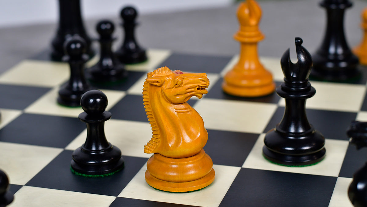 4.5" King - 1849 Original Staunton Pattern Triple Weighted Wooden Chess Pieces in Genuine Ebony & Antiqued Boxwood w/ King Side Stamping