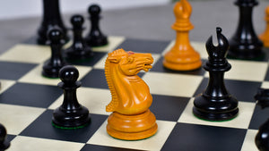 4.5" King - 1849 Original Staunton Pattern Triple Weighted Wooden Chess Pieces in Genuine Ebony & Antiqued Boxwood w/ King Side Stamping