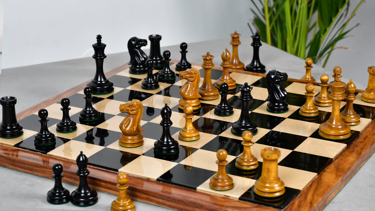 The 1849 Cooke Type 2 Jaques Staunton Weighted 3.5 inch King Chess Pieces in Ebony wood and Vintage Antique Boxwood - 1100 Grams Weight