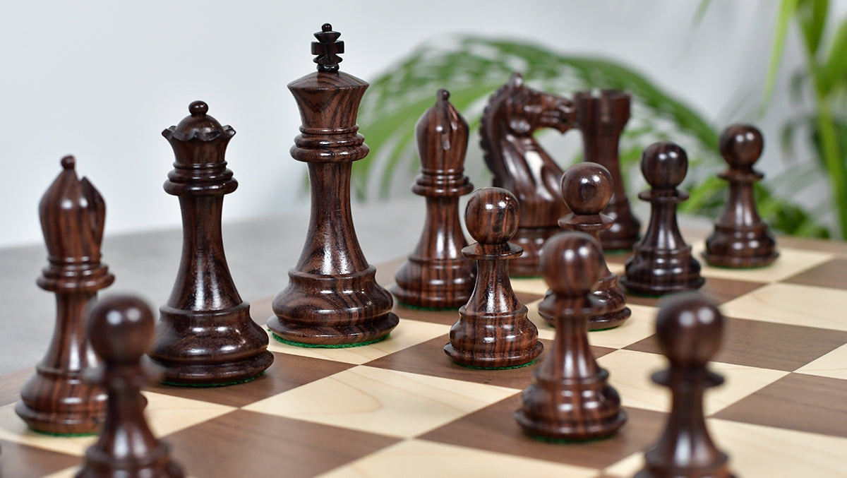 Fierce Knight (Queen's Gambit Series) Staunton Chess Pieces in Rosewood & Boxwood - 4.1" King